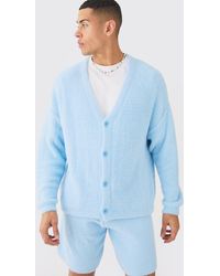 BoohooMAN - Fluffy Knit Cardigan In Light Blue - Lyst
