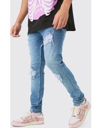 Boohoo - Skinny Stretch Lilac Pu Biker Rip & Repair Jeans - Lyst
