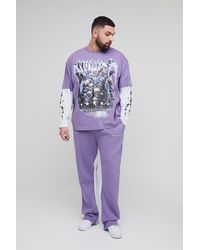 BoohooMAN - Plus Homme Grunge Print Oversized Faux Layer T-Shirt Sand Gusset Sweatpants Set - Lyst