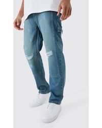 Boohoo - Relaxed Rigid Ripped Knee Carpenter Jeans In Light Blue - Lyst