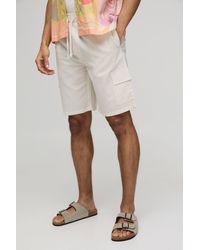 BoohooMAN - Elasticated Waist Relaxed Fit Mid Length Linen Blend Cargo Short - Lyst