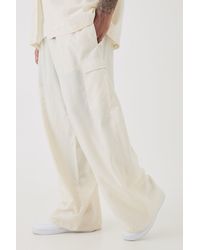 BoohooMAN - Plus Elasticated Waist Oversized Linen Cargo Trouser In Natural - Lyst