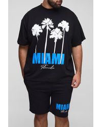 BoohooMAN - Plus Oversized Extended Neck Miami Palm Print T-Shirt & Slim Short Set - Lyst