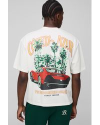 Boohoo - Ecru Oversized Boxy Extended Neck Car Graphic T-Shirt - Lyst