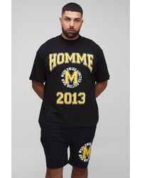 BoohooMAN - Plus Oversized Extended Neck Varsity Homme Print T-Shirt & Slim Short Set - Lyst