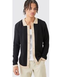 BoohooMAN - Long Sleeve Contrast Collar Knitted Shirt In Black - Lyst