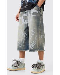 BoohooMAN - Relaxed Rigid Busted Knee Rip Metallic Paint Long Jort - Lyst