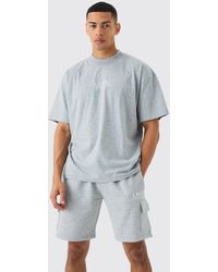 BoohooMAN - Man Oversized Extended Neck T-shirt And Cargo Short Set - Lyst