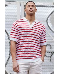 BoohooMAN - Short Sleeve Oversized Crochet Stripe Polo In Red - Lyst