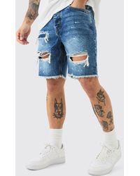 Boohoo - Slim Rigid Ripped Paint Splatter Denim Shorts In Light Blue - Lyst