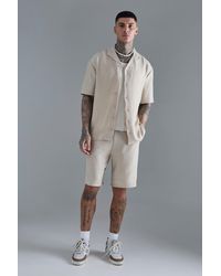 BoohooMAN - Tall Drop Revere Linen Shirt & Short Set In Natural - Lyst