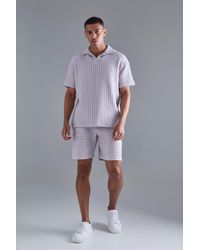 BoohooMAN - Oversized Striped Textured Revere Polo & Short Set - Lyst
