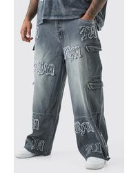 BoohooMAN - Plus Baggy Rigid Bm Applique Multi Pocket Cargo Jeans - Lyst