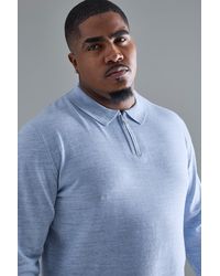 BoohooMAN - Plus Concealed Half Zip Knitted Polo In Blue - Lyst