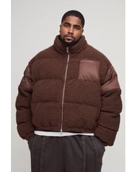 BoohooMAN - Plus Borg & Nylon Funnel Neck Puffer Jacket In Chocolate - Lyst