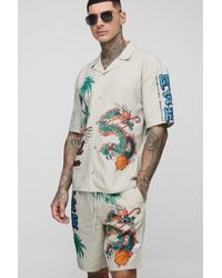 BoohooMAN - Tall Regular Fit Linen Look Dragon Print Revere Shirt And Short Set - Lyst