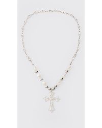 BoohooMAN - Pearl Cross Necklace In Silver - Lyst