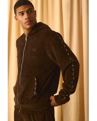 BoohooMAN - Regular Fit Ribbed Velour Embellished Zip Through Hoodie - Lyst
