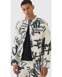 BoohooMAN - Slim Boxy Denim Graffiti Laser Print Biker Jacket - Lyst