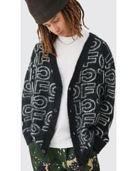 BoohooMAN - Boxy Fluffy Branded Knitted Cardigan In Black - Lyst