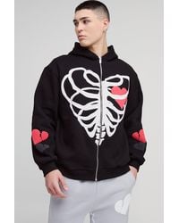 BoohooMAN - Oversized Heart Skeleton Puff Print Zip Through Hoodie - Lyst