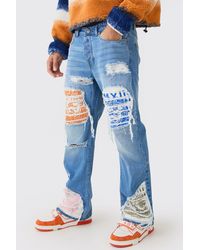BoohooMAN - Relaxed Rigid Flare Rip & Repair Applique Jeans - Lyst