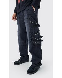 BoohooMAN - Baggy Rigid Cargo Strap Jeans In Washed Black - Lyst