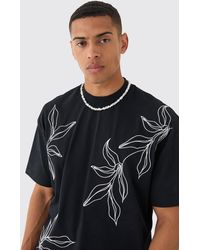 BoohooMAN - Oversized Boxy Extended Neck Floral Line Embroidered T-shirt - Lyst