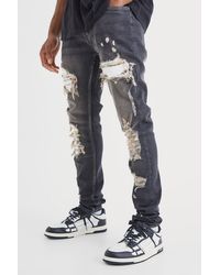 BoohooMAN - Skinny Stretch Stacked White Pu Biker Rip & Repair Jeans - Lyst