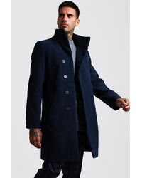 BoohooMAN Funnel Neck Wool Look Overcoat - Blue