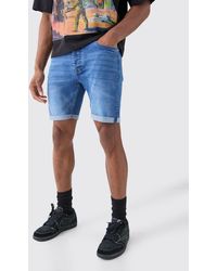 BoohooMAN - Skinny Stretch Denim Shorts In Mid Blue - Lyst