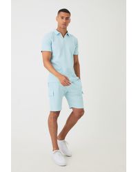 BoohooMAN - Slim Waffle Revere Polo And Cargo Shorts Set - Lyst
