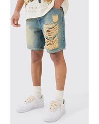 BoohooMAN - Relaxed Rigid Ripped Denim Short In Antique Wash - Lyst