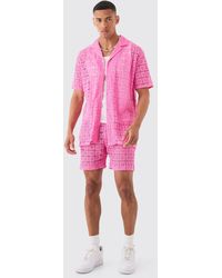 Boohoo - Oversized Open Weave Lace Shirt & Short Set - Lyst