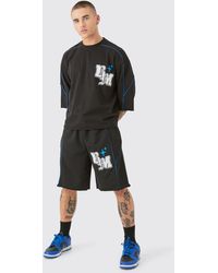 Boohoo - Oversized Boxy Half Sleeve Bm Print Raw Hem T-shirt Set - Lyst