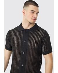 BoohooMAN - Tall Open Stitch Short Sleeve Knitted Shirt In Black - Lyst