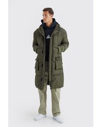 BoohooMAN - Tall 4 Pocket Longline Hooded Puffer Jacket In Khaki - Lyst