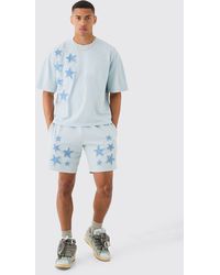 BoohooMAN - Oversized Acid Wash Denim Stars Applique T-shirt & Shorts Set - Lyst