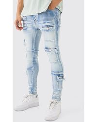Boohoo - Super Skinny Stretch Distressed Multi Pocket Jeans In Light Blue - Lyst