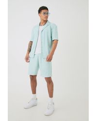 BoohooMAN - Drop Revere Towelling Embroidered Shirt And Short Set - Lyst