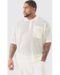 Boohoo - Plus Boxy Fit Crochet Knitted V-Neck Polo In Ecru - Lyst