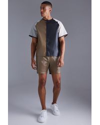 BoohooMAN - Short Sleeve Collarless Pu Boxy Shirt & Short Set - Lyst