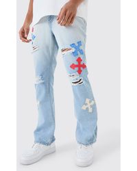 BoohooMAN - Slim Rigid Flare Applique Panelled Jeans In Ice Blue - Lyst