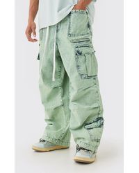 BoohooMAN - Denim Parachute Elastic Waist Overdyed Acid Washed Cargo Jeans In Sage - Lyst