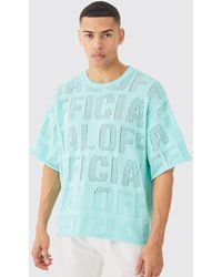 BoohooMAN - Oversized Branded Open Stitch T-shirt In Light Blue - Lyst