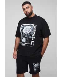 BoohooMAN - Plus Oversized Extended Neck Floral Print T-Shirt & Slim Short Set - Lyst