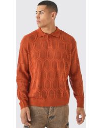 BoohooMAN - Oversized Long Sleeve Crochet Polo In Rust - Lyst