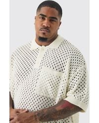 BoohooMAN - Plus Boxy Fit Crochet Knitted V-neck Polo In Ecru - Lyst