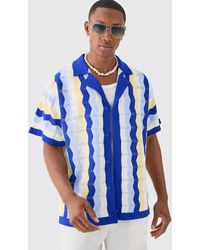 Boohoo - Oversized Boxy Revere Open Knit Stripe Shirt In Blue - Lyst