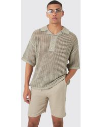 BoohooMAN - Oversized Open Stitch Deep Revere Knit Polo - Lyst